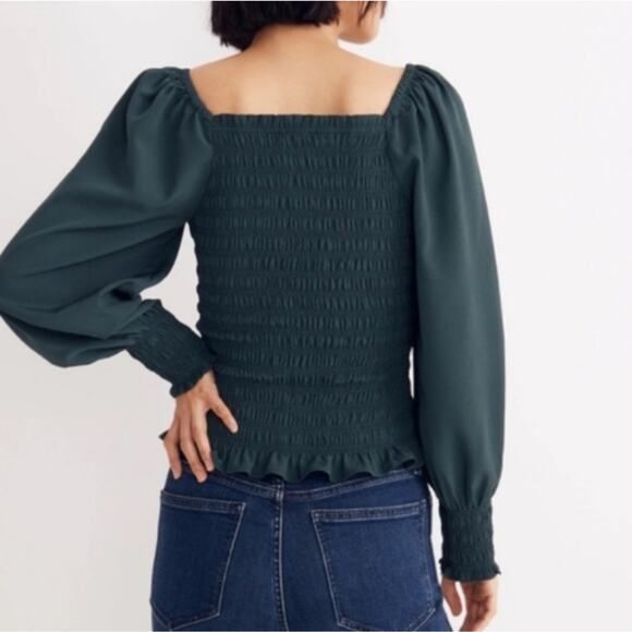 Madewell Green Smocked Square Neck Blouse Long Sleeve Women’s Large NWT - Picture 2 of 10